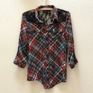 Daytrip Plaid Black Lace Button Up Rayon Shirt Blouse Top S